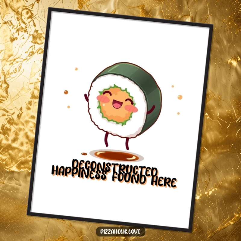 Funny sushi roll poster depicting a happy character with tiny legs doing a cartwheel and scattering soy sauce.