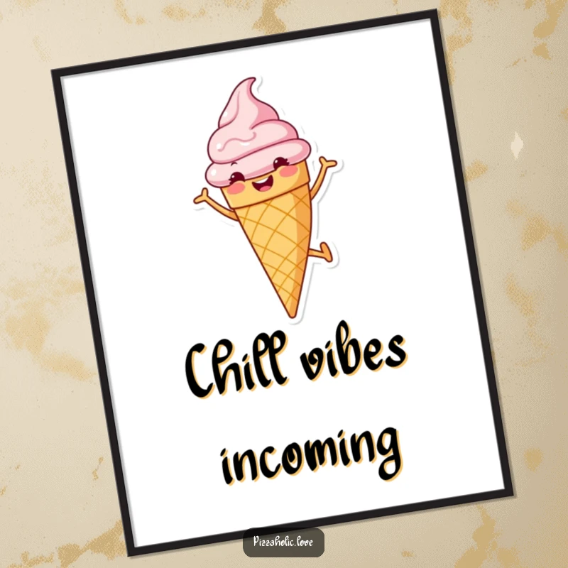 Funny poster of a cheerful ice cream cone with a grin, doing a cartwheel, bringing sweet energy and fun to any room.