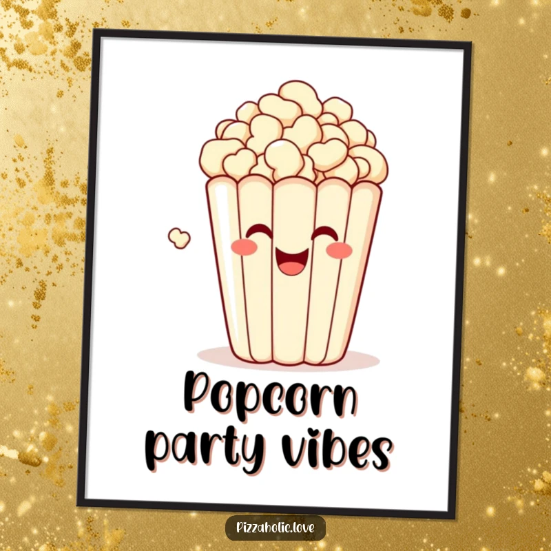 Funny poster of a bubbly, happy bag of popcorn with a grin, popping with delight, bringing energetic snack joy to any space.