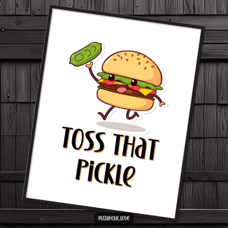 Funny Burger Skip Poster: a smiling burger with small legs doing a joyful skip, tossing a pickle, cheerful wall art.