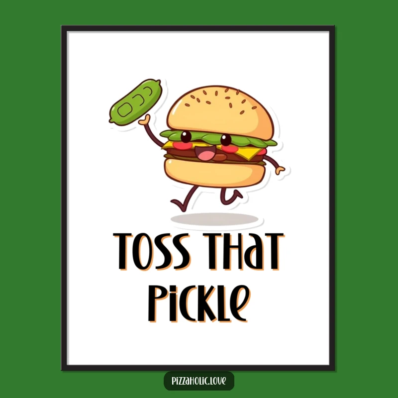 Funny Burger Skip Poster: Smiling Patty, Pickle Toss, Whimsical Wall Art Gift
