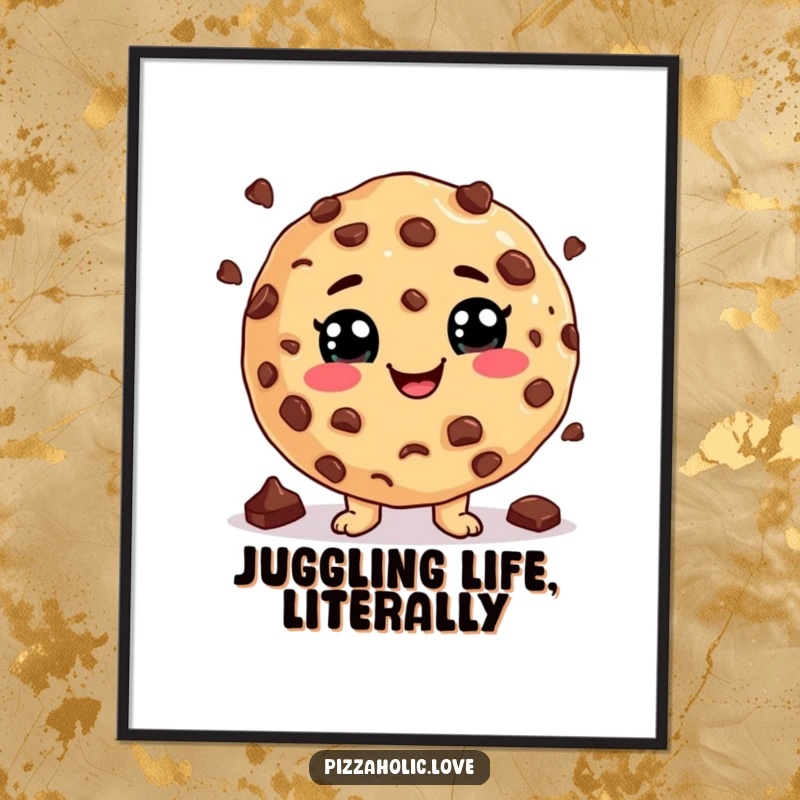 Funny Cookie Juggling Poster: Anthropomorphic cookie with a cheesy grin, juggling chocolate chips, vibrant and funny wall art, funny gift.