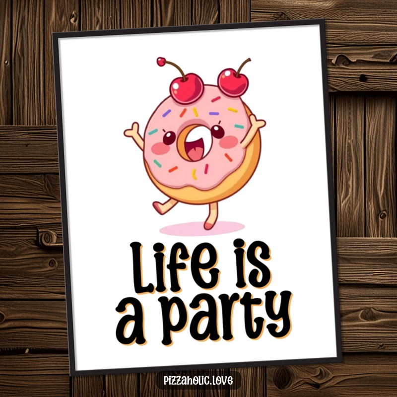 Funny donut poster depicting a delighted character with sprinkles dancing gleefully and tossing a cherry.