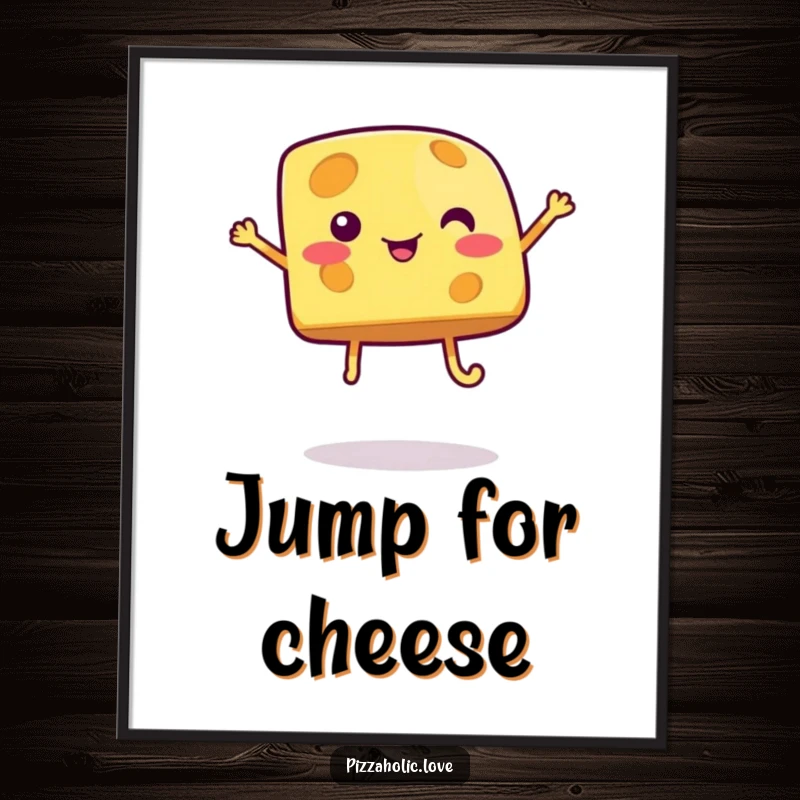Funny cheese poster depicting a bubbly cartoon cheese piece with legs joyfully jumping, radiating pure happiness and cheesy delight.