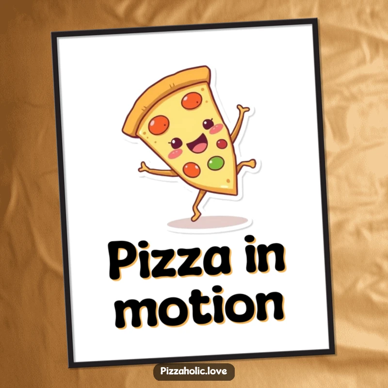 Funny Pizza Cartwheel Poster: Smiling pizza slice with tiny legs doing a cartwheel, vibrant and funny wall art, funny gift.