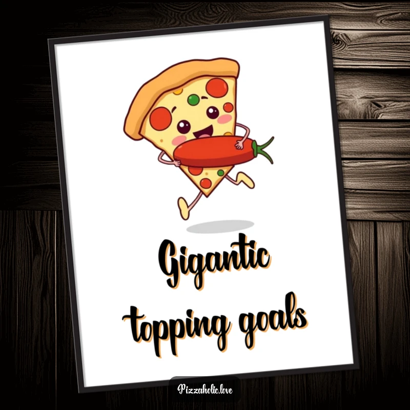 Funny Pizza Runner Poster: a slice of pizza with tiny feet running excitedly, holding a giant pepperoni, dynamic wall art.