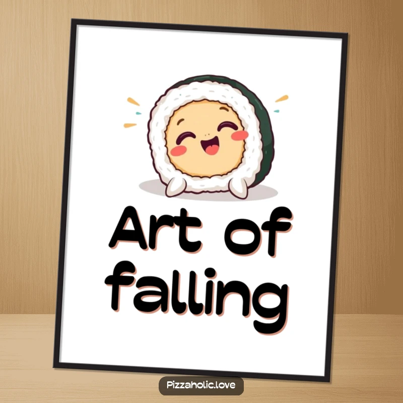 Funny sushi poster depicting a smiling sushi piece in a hilarious, exaggerated pratfall, capturing a moment of pure comedic chaos.