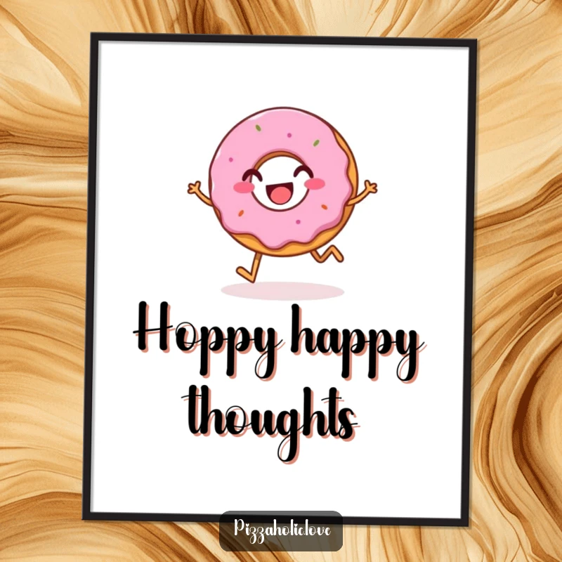 Funny poster capturing a bubbly, happy donut with a grin, in a cheerful mid-hop, bringing sweet joy to any space.
