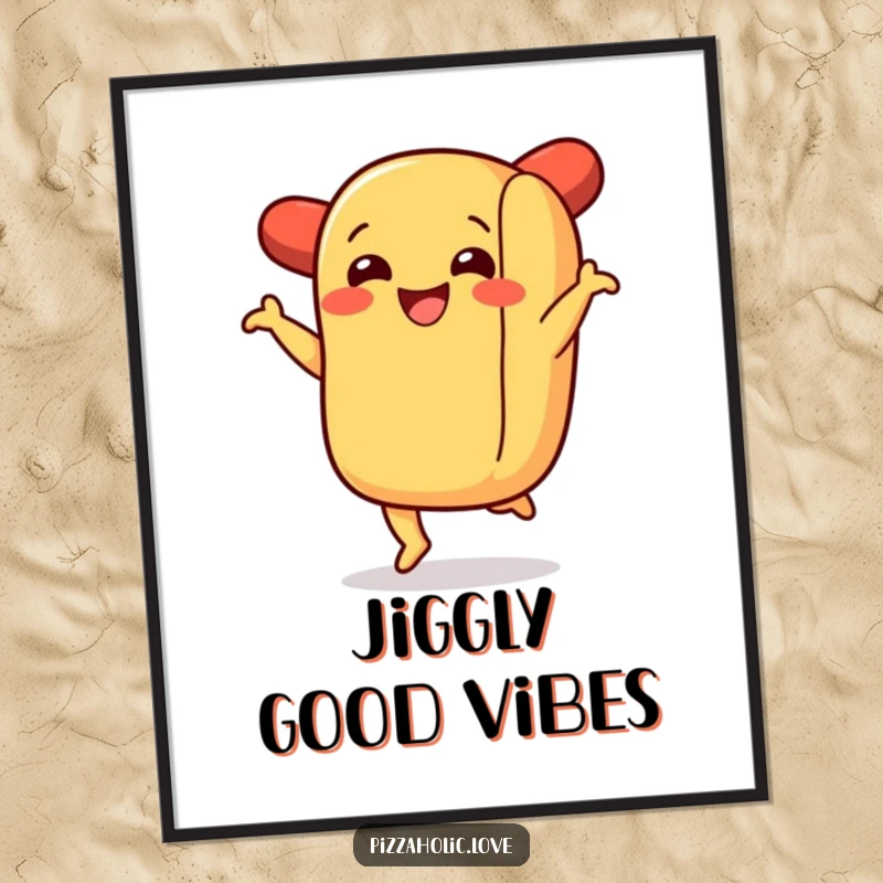 Funny poster featuring a smiling hot dog in a bun performing a joyful jig, adding a splash of playful energy.