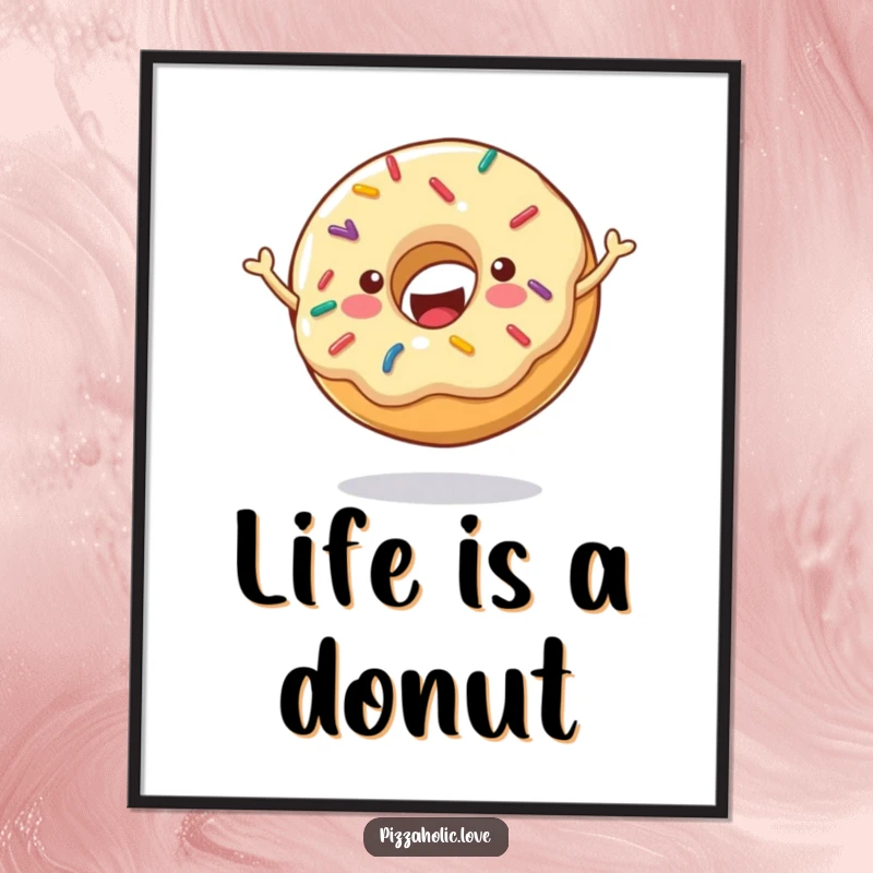 Funny Cheerful Donut Poster: Happy donut with sprinkles, bouncing energetically, vibrant and funny wall art, funny gift.