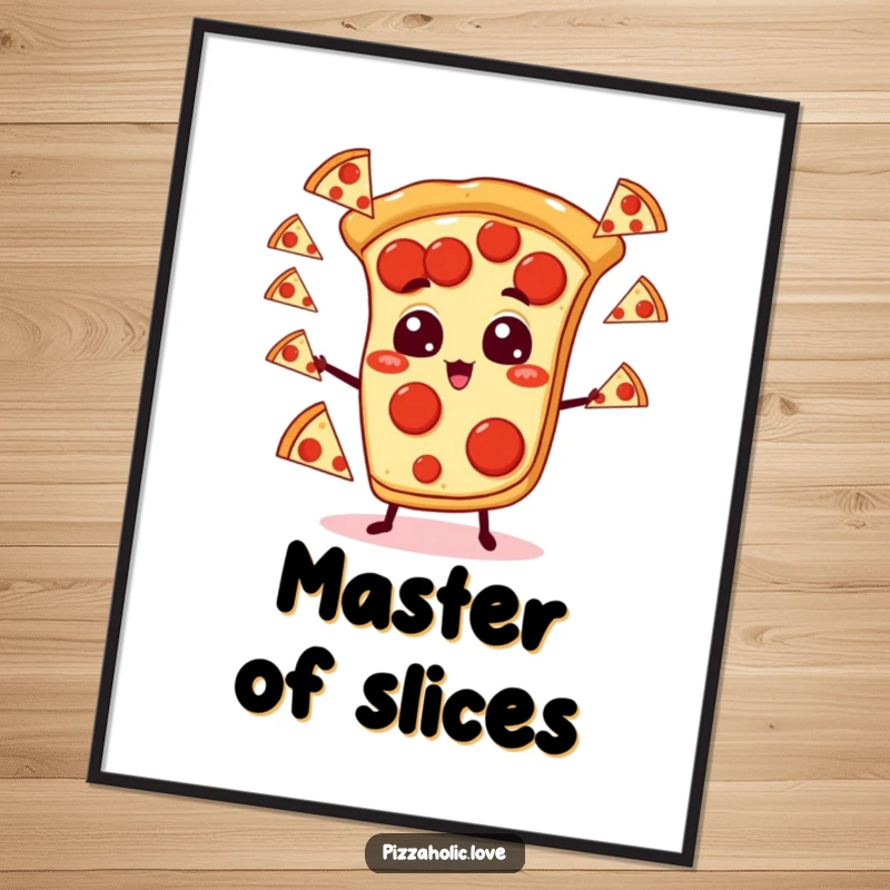 Funny pizza poster depicting a pepperoni pizza slice character with expressive cartoon eyes masterfully juggling many small pizza slices in a lively scene.