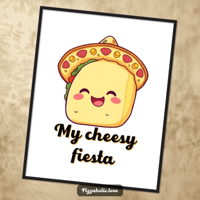 Funny kawaii taco poster showing a happy taco in a cheese sombrero, radiating festive cheer and delicious humor for wall decor.
