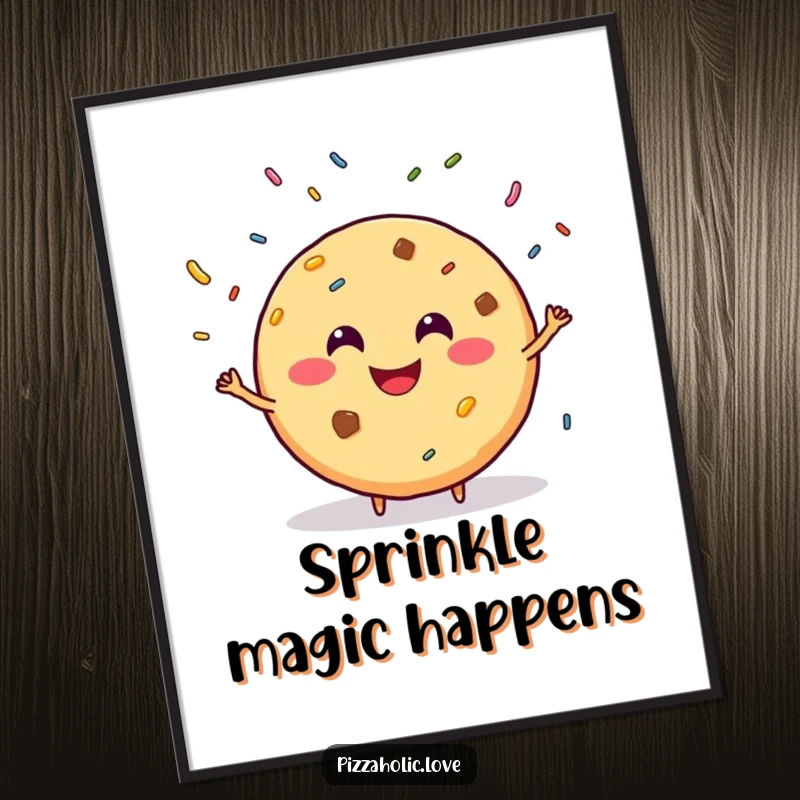 Funny poster of a smiling, round cookie with a grin, juggling sprinkles, bringing sweet whimsy and joy to any space.