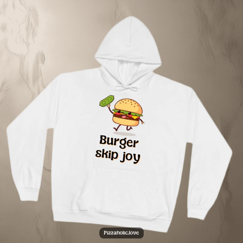 Funny Burger Skip Hoodie: a smiling burger with small legs doing a joyful skip, tossing a pickle, soft and snuggly.