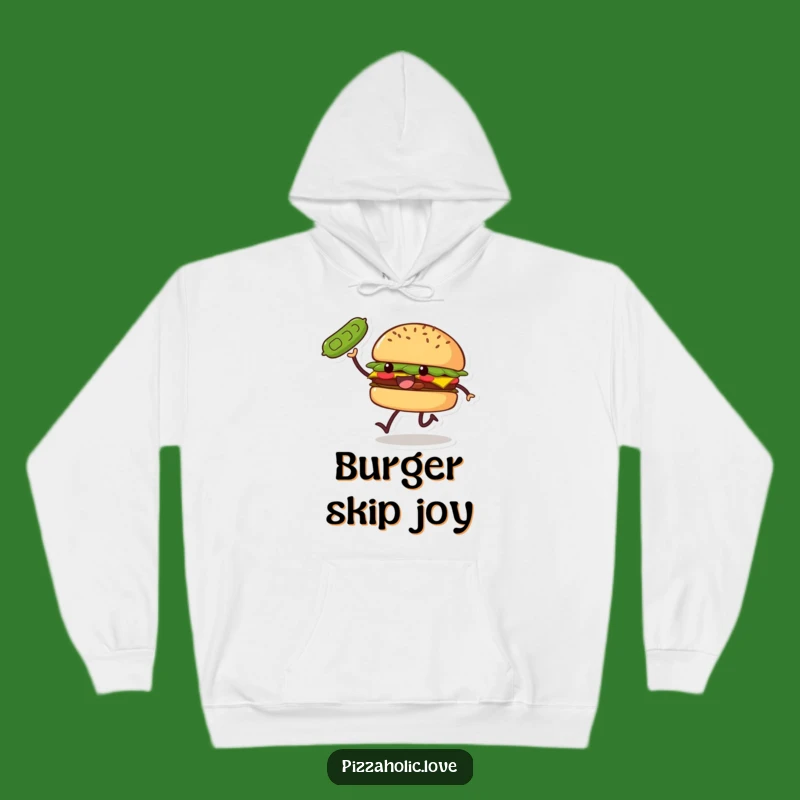 Funny Burger Skip Hoodie: Smiling Patty, Pickle Toss, Cozy & Fun Gift