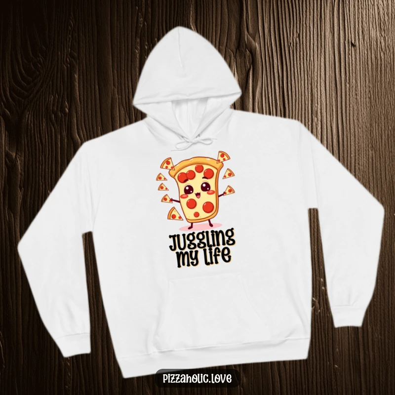 Funny pizza hoodie with a cartoon pepperoni pizza slice character skillfully juggling multiple small pizzas, radiating cozy humor.