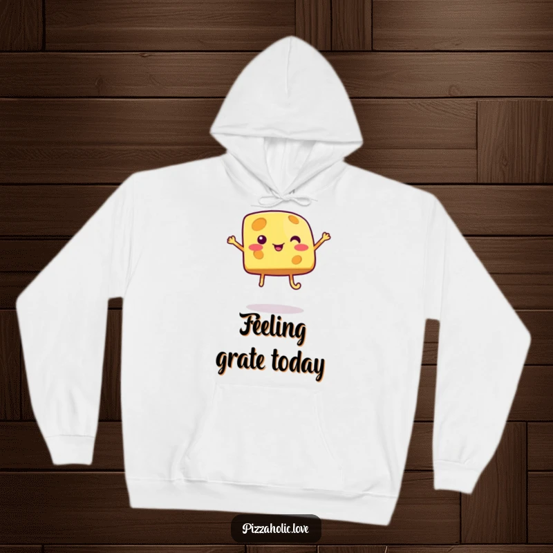 Funny cheese hoodie featuring a bubbly cartoon cheese piece joyfully jumping, radiating warmth and cheesy, whimsical humor.