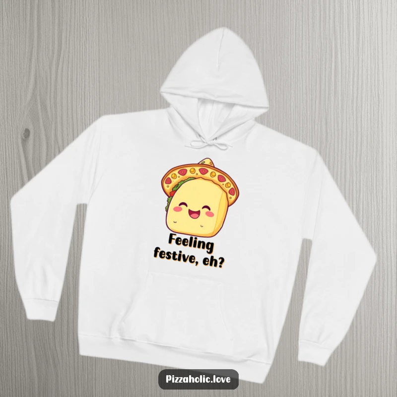 Funny kawaii taco hoodie featuring a happy taco with a cheese sombrero, radiating warmth and festive, cheesy humor.