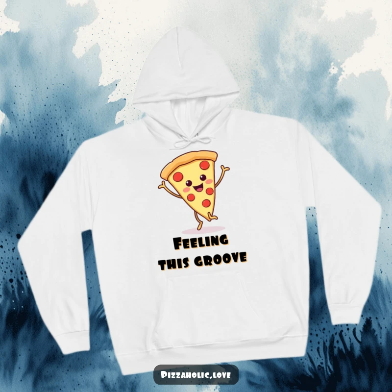 Funny pizza hoodie featuring a happy pizza slice with wiggly legs caught mid-dance, radiating warmth and comedic energy.