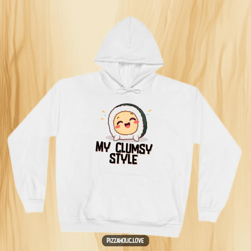 Funny sushi hoodie featuring a smiling sushi piece in a comical pratfall, radiating cozy humor and playful energy.