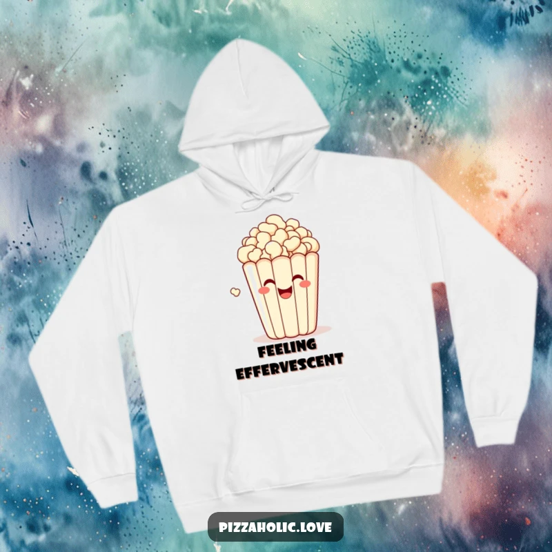 Funny hoodie featuring a bubbly, happy bag of popcorn with a grin, popping with delight, designed for cozy, fun vibes.
