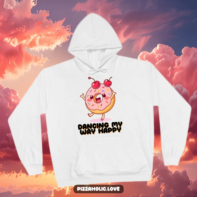 Funny donut hoodie featuring a delighted character with sprinkles dancing and tossing a cherry.