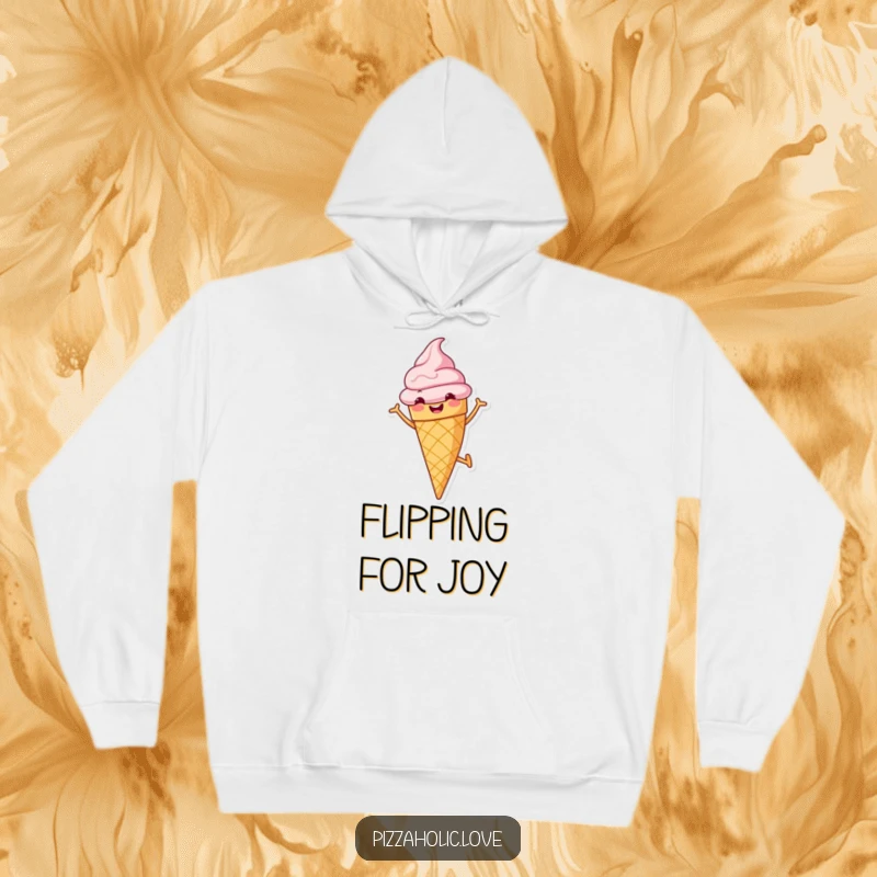 Funny hoodie featuring a cheerful ice cream cone with a grin, performing a cartwheel, designed for cozy, fun vibes.