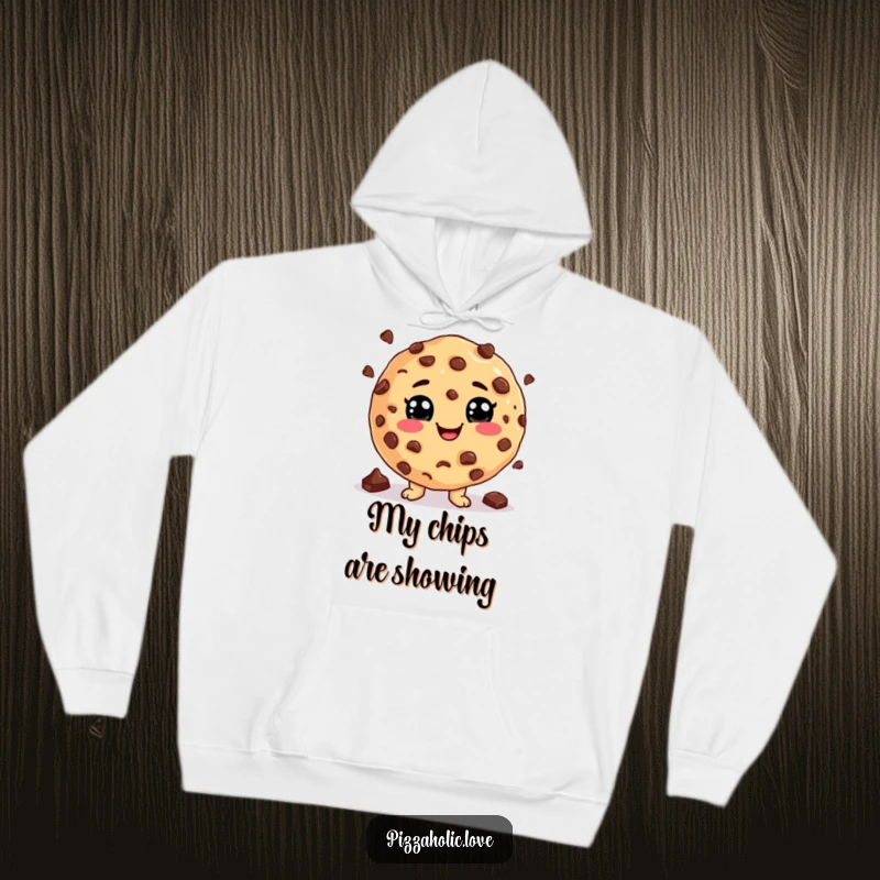 Funny Cookie Juggling Hoodie: A cookie character with a cheesy grin, juggling chocolate chips, cozy baking wear, funny gift.