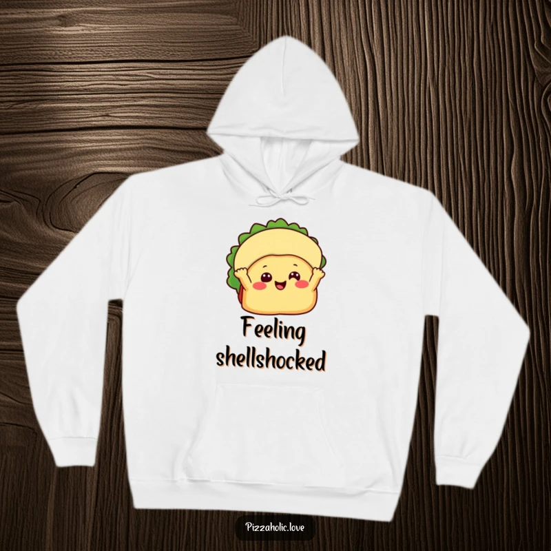 Funny Happy Taco Hoodie: A beaming taco character with little arms waving, cozy and festive, funny gift.