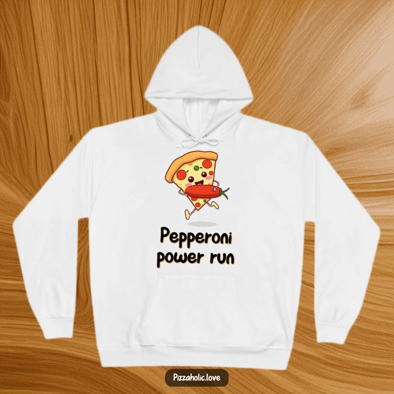 Funny Pizza Runner Hoodie: a slice of pizza with tiny feet running excitedly, holding a giant pepperoni, ready for a cozy night.