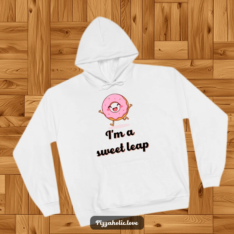 Funny hoodie showcasing a bubbly, happy donut with a grin, hopping energetically, perfect for staying warm and cheerful.