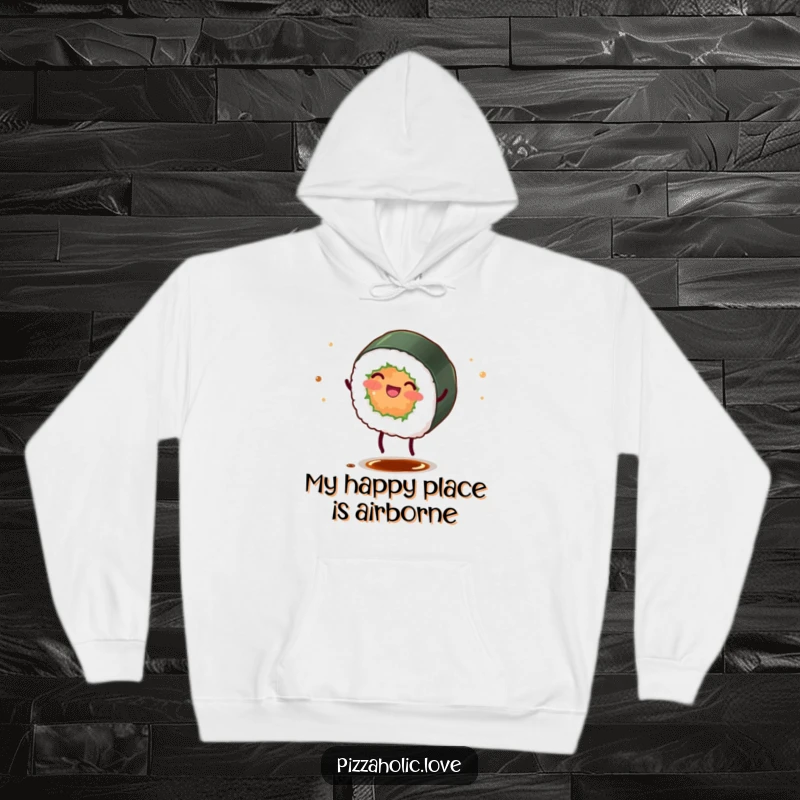 Funny sushi roll hoodie featuring a happy character with tiny legs doing a cartwheel, scattering soy sauce.