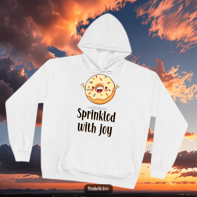 Funny Cheerful Donut Hoodie: A happy donut character with sprinkles, bouncing energetically, cozy and sweet, funny gift.