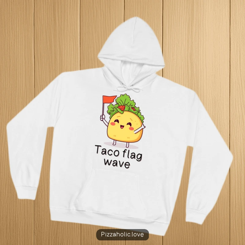 Funny Taco Flag Hoodie: a cheerful taco with tiny arms waving a miniature flag made of lettuce, warm and festive.