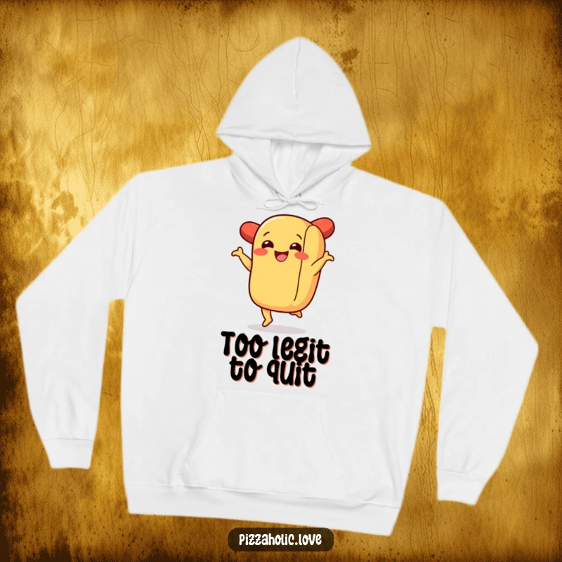 Funny hoodie depicting a cheerful hot dog in a bun doing a joyful jig, perfect for staying warm and stylish.