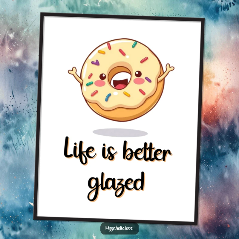 Funny Free Printable Wall Art depicting a cheerful donut covered in sprinkles, bouncing energetically.