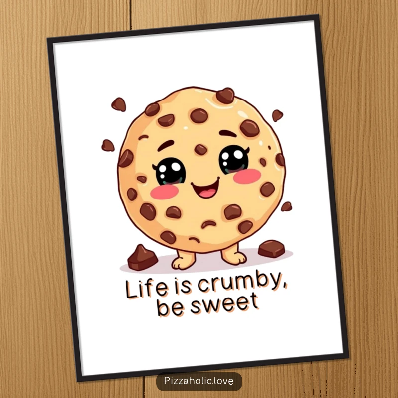 Funny Free Printable Wall Art depicting a cookie with a cheesy grin, skillfully juggling chocolate chips.