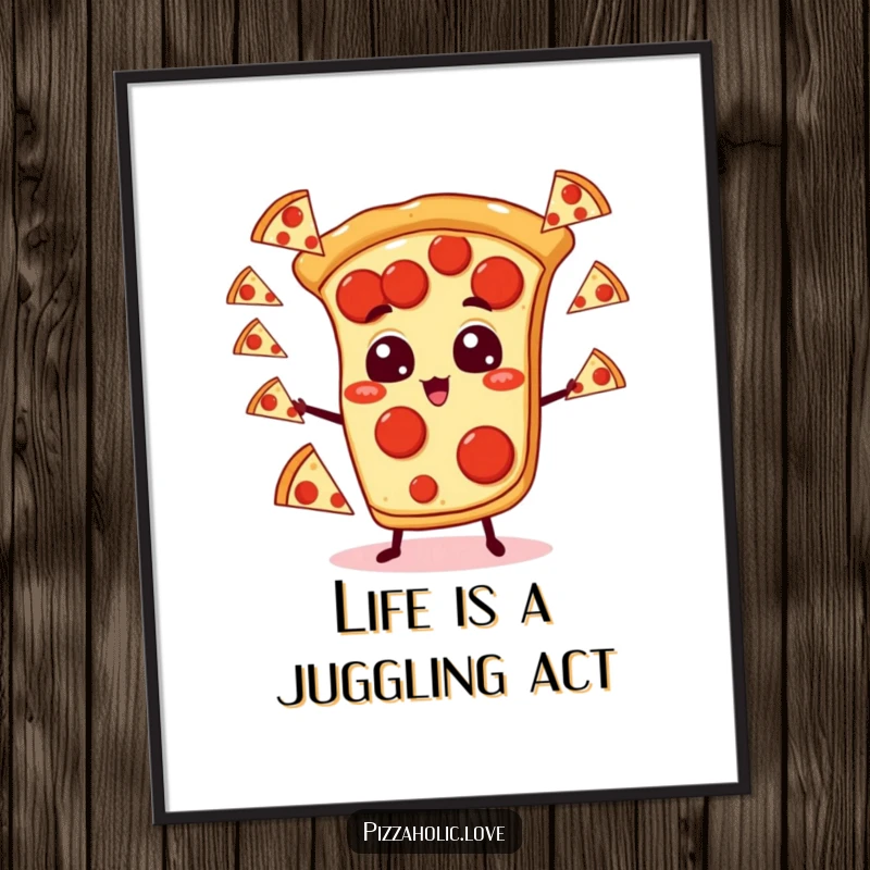 Funny Free Printable wall art of a pepperoni pizza slice juggling mini pizzas with cartoon eyes.