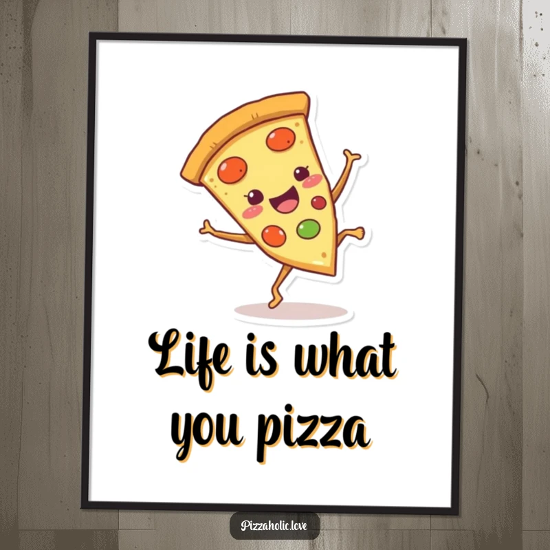 Funny Free Printable Wall Art showcasing a smiling pizza slice with tiny legs in a dynamic cartwheel pose.