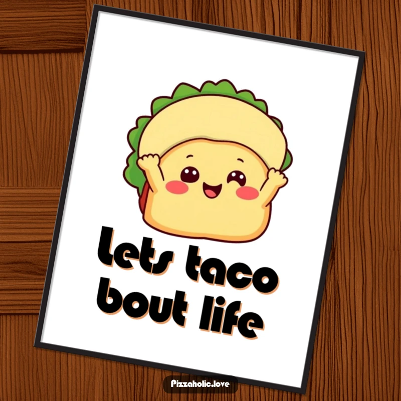 Funny Free Printable Wall Art showing a beaming taco with tiny arms waving hello with a big happy smile.