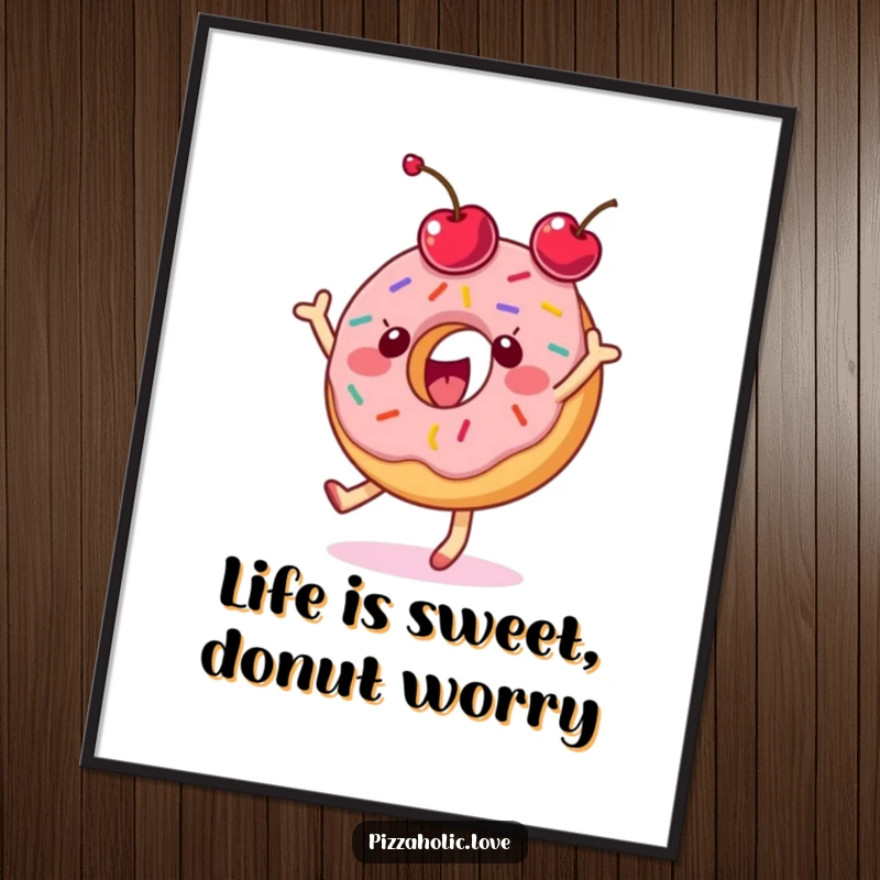 Funny Free Printable Wall Art: A delighted donut with sprinkles dancing ecstatically, tossing a cherry, creating a vibrant and humorous artwork.