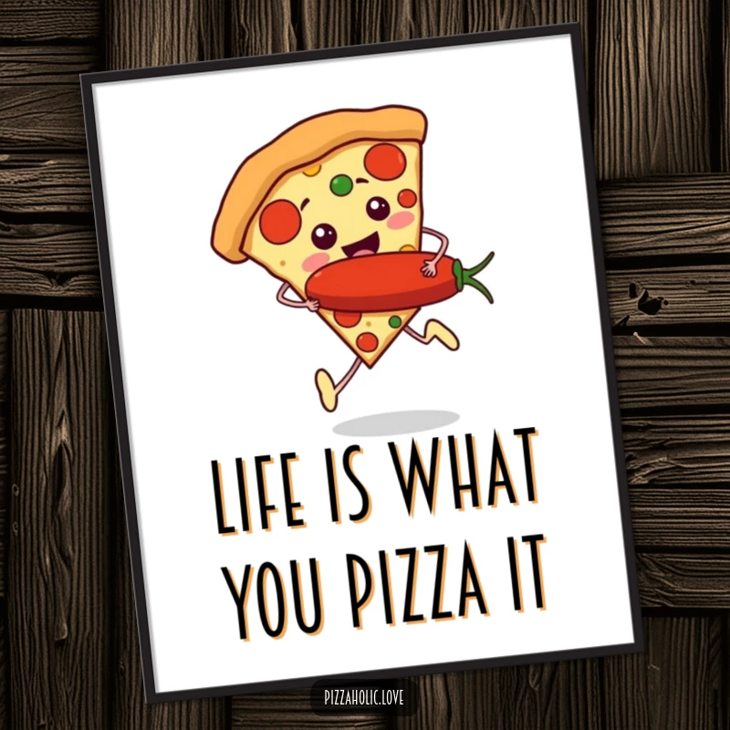 Funny Free Printable Wall Art: A slice of pizza with tiny feet is running excitedly, clutching a giant pepperoni.