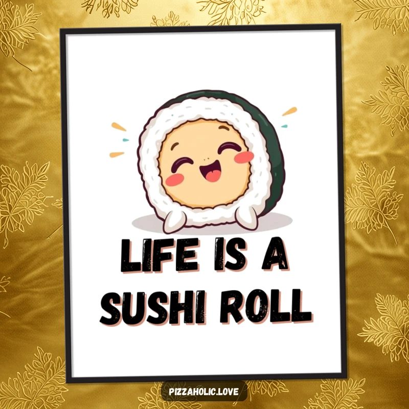 Funny Free Printable wall art depicting a smiling piece of sushi in a comical pratfall.