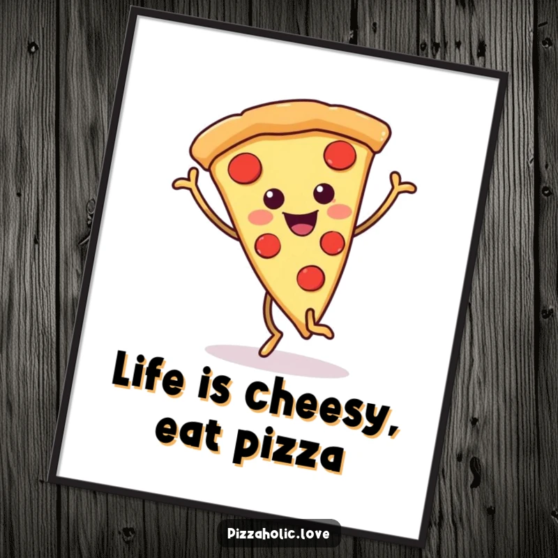 Funny Free Printable wall art of a happy pizza slice with wiggly legs doing a joyful dance.