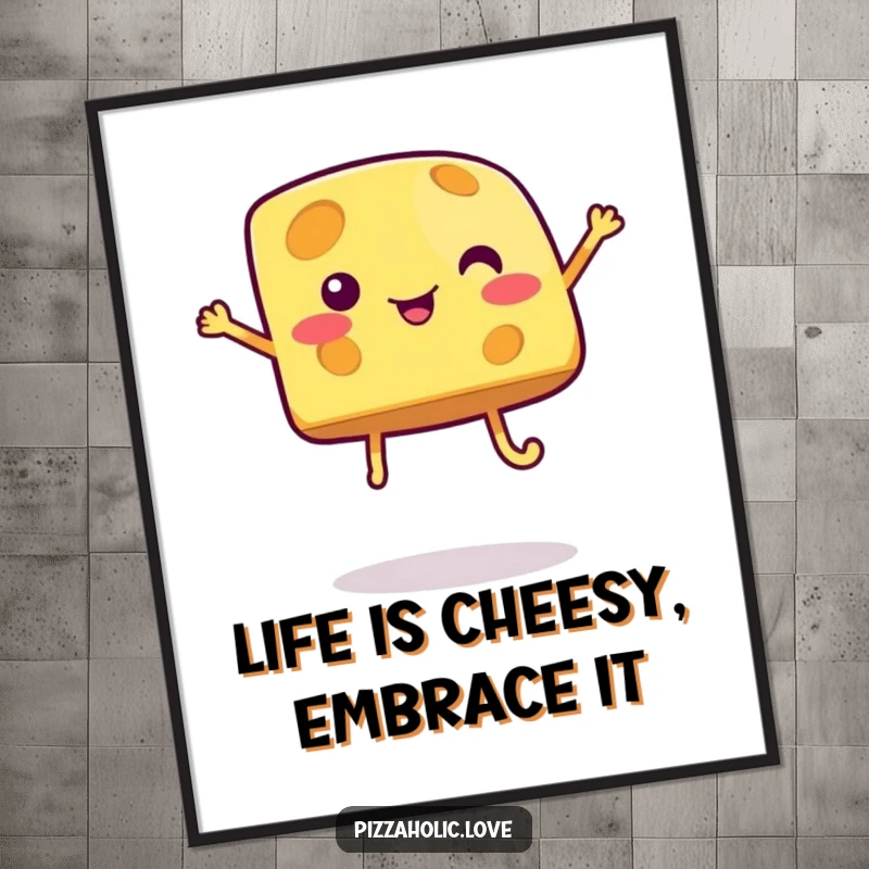 Funny Free Printable wall art of a cartoon cheese wedge with legs doing a joyous, silly jump.