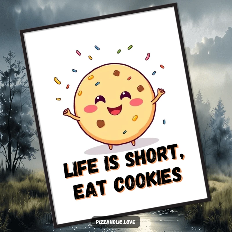 Funny Free Printable Wall Art of a smiling, round cookie with a grin attempting to juggle sprinkles, adding whimsical fun.