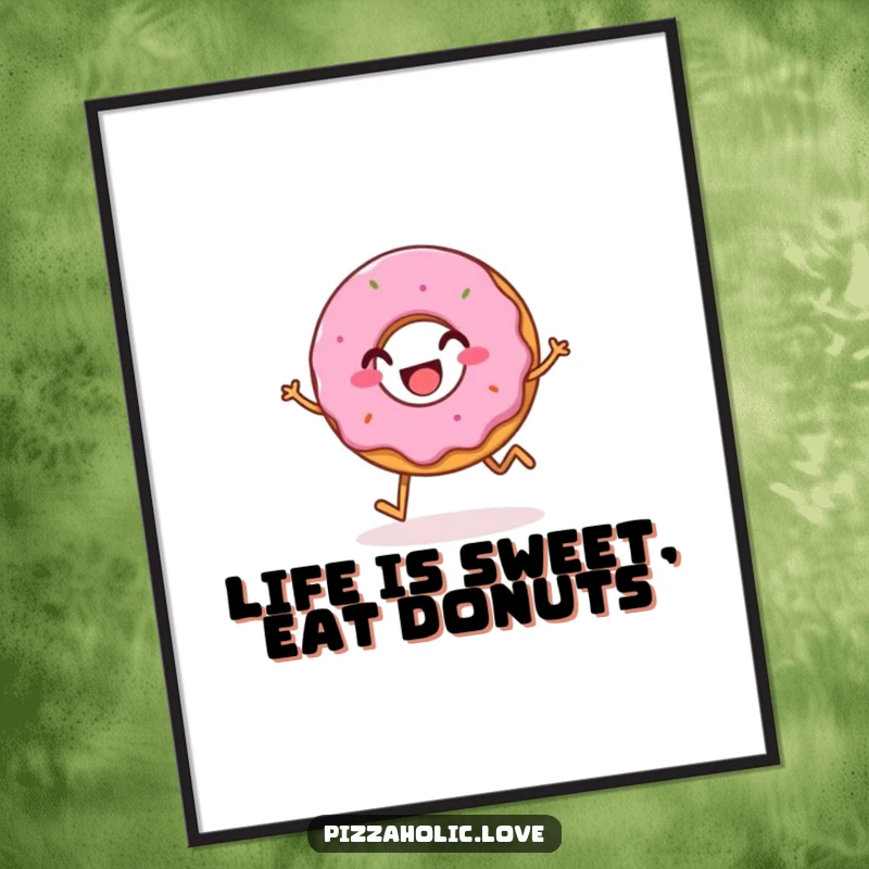 Funny Free Printable Wall Art of a bubbly, happy donut with a grin hopping merrily, adding playful charm.