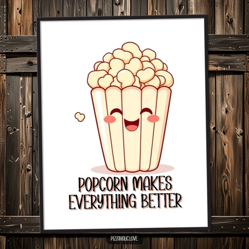 Funny Free Printable Wall Art of a bubbly, happy bag of popcorn with a grin popping with delight, adding lively fun.