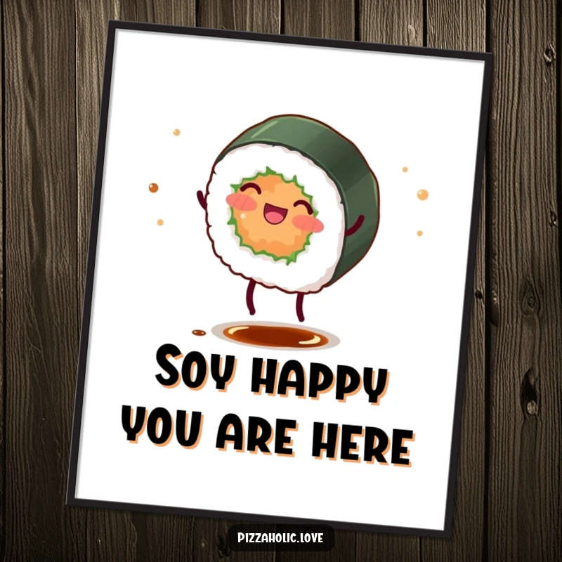 Funny Free Printable Wall Art: A sushi roll with legs cartwheeling energetically, soy sauce scattering, creating a whimsical and humorous art piece.