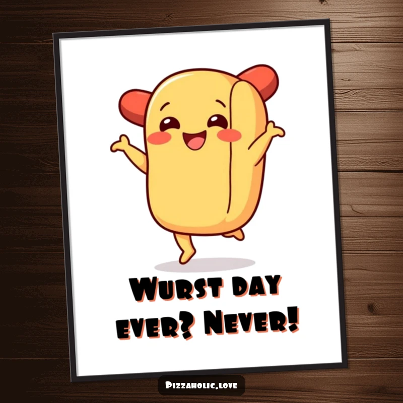 Funny Free Printable Wall Art: A smiling hot dog in a bun joyfully doing a lively jig, perfect for kitchens.